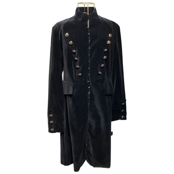 Brandon Thomas Sz 12 Black Velvet Long Coat Military Gothic Steampunk Victorian - Picture 2 of 16